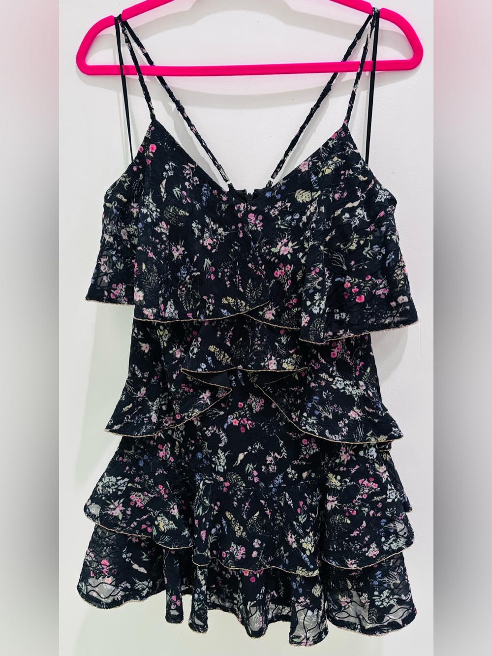 La Maison Talulah Tiered Black Mini Dress with Pink Floral Print